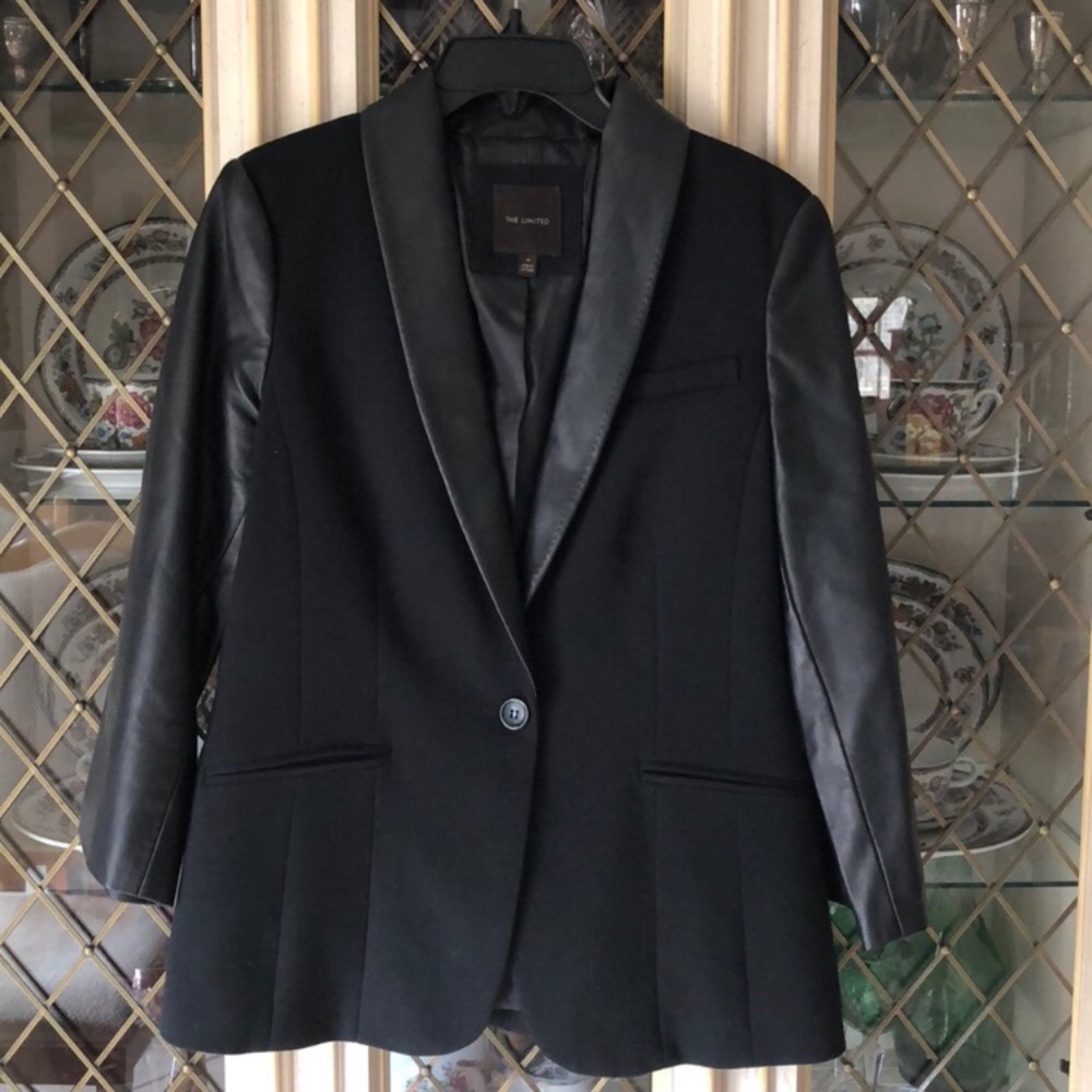 Closet staple with a twist- leather sleeve blazer